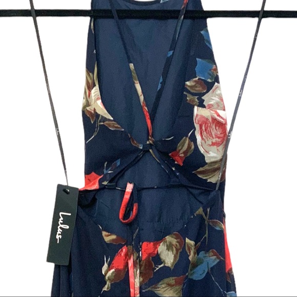 NWT Lulu’s Navy Blue Floral Maxi Dress Tie Back XS - Picture 6 of 8